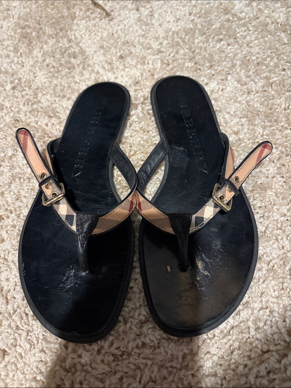 Burberry Black Thong Sandals with Signature Beige Plaid Straps